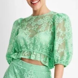 Future Collective Womens Cropped Lace Top Puffed Sleeve Sz S